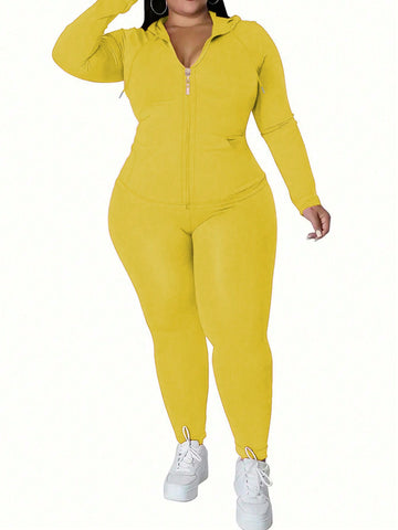 Plus Size Solid Color Long Sleeve Zipper Top And Pants Two Piece Set, Suitable For Spring And Summer