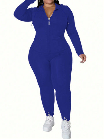 Plus Size Zipper Detail Solid Casual Hoodie And Pants Set With Drawstring