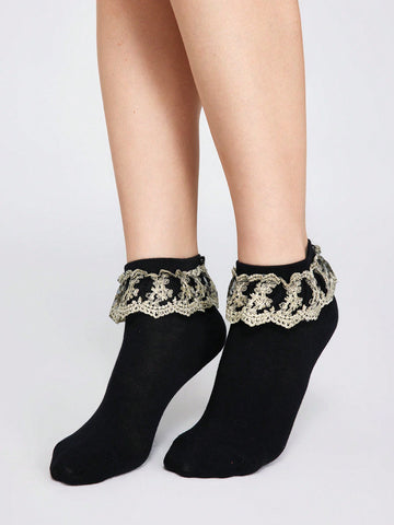 Lace Top Sheer Mid-Calf Socks With Gold Threads