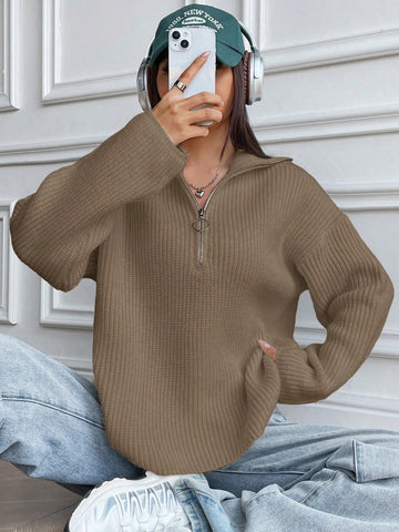 Casual Loose Solid Color Half Zipper Sweater