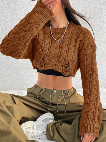 Women's Solid Color Short Cable Knit Distressed Long Sleeve Sweater, Suitable For Spring And Autumn