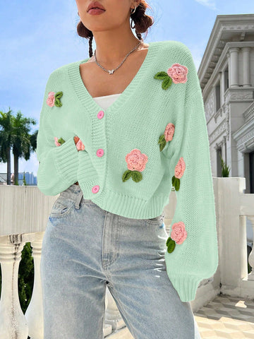 Women's 3d Fun Floral Knitted Cardigan With Open Front