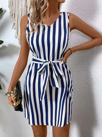 Women's Striped & Floral Print Belted Casual Spring/Summer Dress