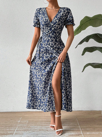 Women's Floral Print High Slit Wrap Dress For Summer