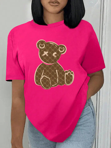 Women's Bear Print Round Neck Short Sleeve T-Shirt