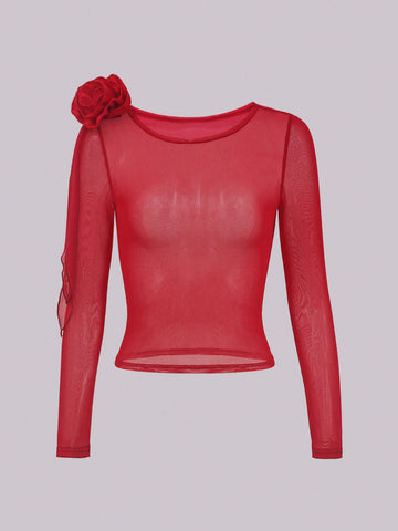 Women's 3d Rose Mesh Perspective Top With Knot Detail, Great For Nightclub Party