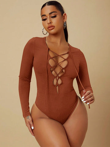 Solid Color Long Sleeve Deep V Neck Bodysuit With Tie Detail