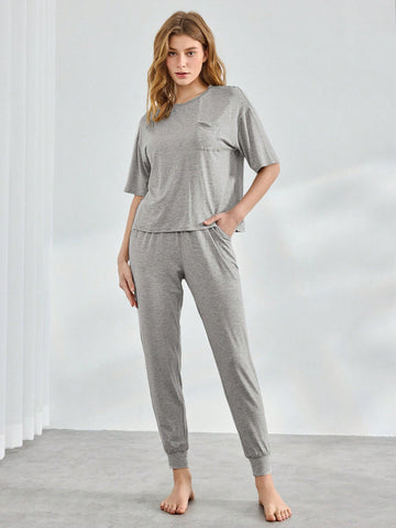 Women's Simple Solid Color Round Neck Short Sleeve Long Pants Homewear Set