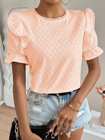 Women's Round Neck Pom Pom Trimmed Ruffle Bubble Sleeve Fashionable Spring/Summer Shirt