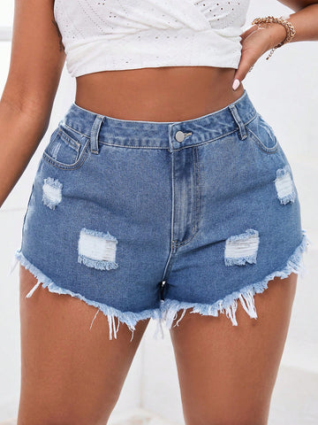Plus Size Casual Distressed Denim Shorts With Frayed Hem