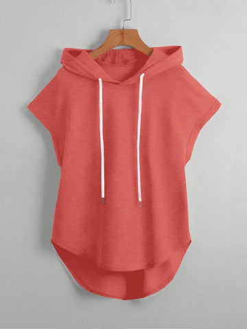 Drawstring Hooded T-Shirt With Curved Hem And Batwing Sleeve
