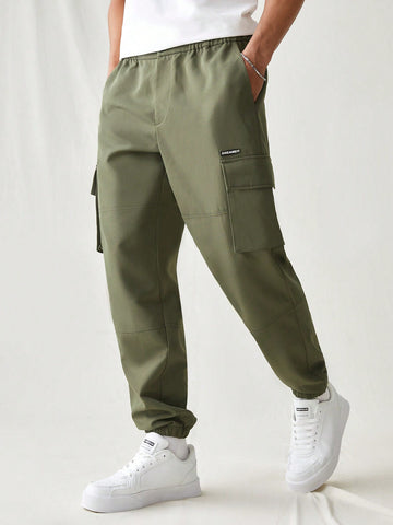 Men's Casual Woven Pants With Letter Patch Flip Pockets