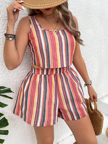 Plus Size Holiday Leisure Stripe Tank Top And Shorts Set For Summer