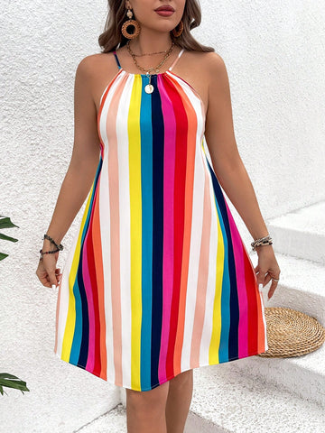 Plus Size Rainbow Stripe Halterneck Holiday Casual Dress