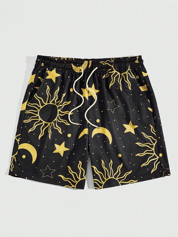 Men's Sun And Moon Print Shorts For Summer