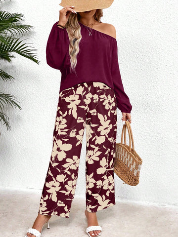 Random Printed Plus Size Asymmetric Collar Long Sleeve Top And All-Over Printed Pants Set