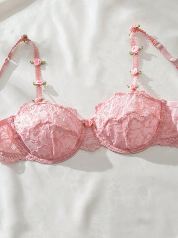 Women's Sweet Small Floral Design Pink Lace Bra
