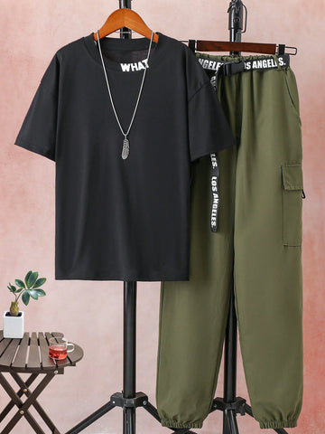 Teen Boy's Letter Print Round Neck Drop Shoulder Short Sleeve T-Shirt And Cargo Pants Casual Set