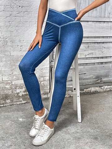 Ladies' Summer Tight-Fit Denim-Look Casual Leggings With V-Shaped Waist