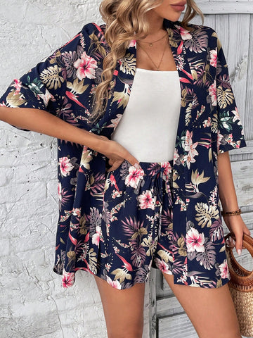 Summer Beach Tropical Print Blouse & Tie Front Shorts Two Piece Set