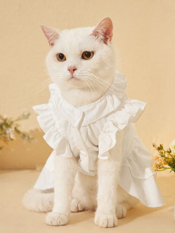 1pc Pet Dress For Cats And Dogs With Small Flutter Sleeve White Color Beach Holiday Style