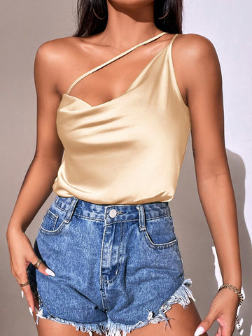 Solid One Shoulder Hollow Out Draped Bodysuit