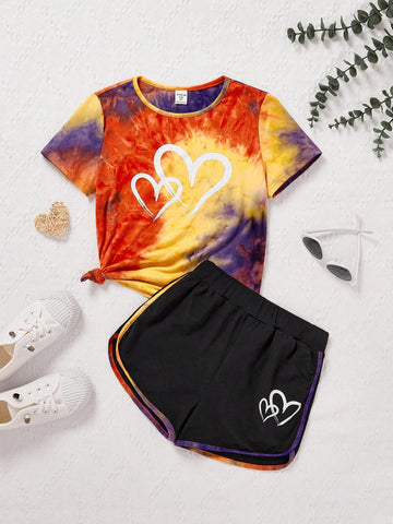 Tween Girls' Heart Print Tie Dye Short Sleeve T-Shirt + Contrast Trim Shorts Holiday Casual 2pcs Outfit