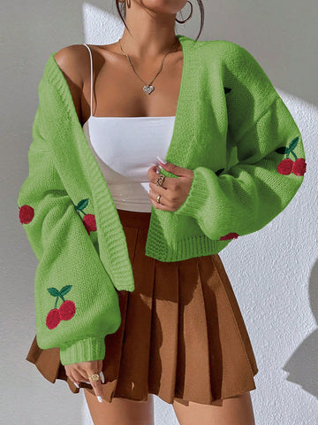 Women's Sweet Cherry Jacquard Cardigan, Perfect For Spring And Autumn