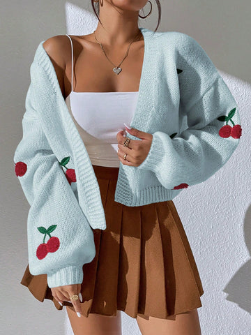 Women's Sweet Cherry Jacquard Cardigan, Suitable For Spring And Autumn
