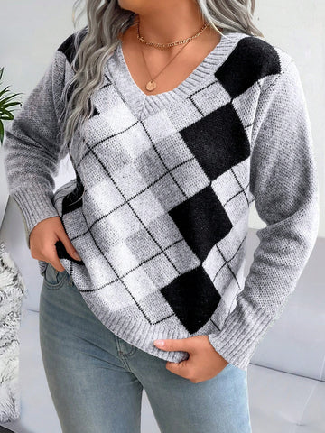 Plus Size V-neck Rhombic Knit Sweater