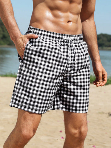 Men's White And Black Checkered Printed Drawstring Beach Shorts, For Summer, Swimming
