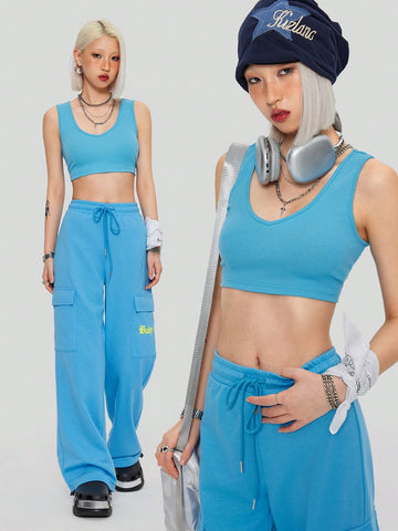 Ladies' Bright Color Tank Top And Elastic Waistband Drawstring Sweatpants 2pcs Set