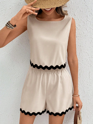 2pcs/Set Color Block Sleeveless Top And Shorts With Round Neckline