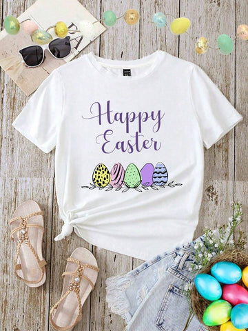 Easter Printed Short Sleeve White T-Shirt With Textured Colourful Eggs For Women, Family Matching Outfits Mommy And Me (4 Pieces Are Sold Separately)