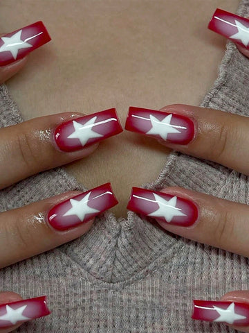 24pcs White Star & Pentagram Design Full Cover Detachable False Nails Set