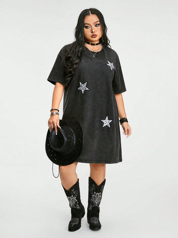 Plus Size Women's Dark Punk Distressed Star Glitter Loose Dress Suitable For Summer