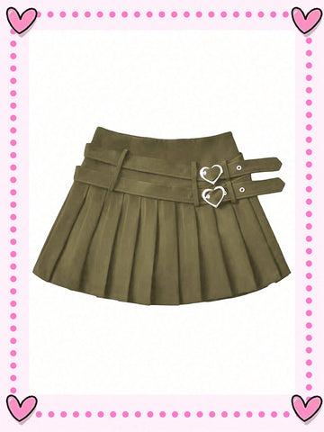 Plus Size Heart Shaped Buckle & Japanese Buckle Pleated Midi Skirt