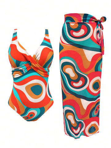 Women's Beach Style One-Piece Swimsuit With Colorful Wave Print