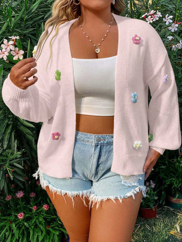 Plus Size Hand-Knitted Flower Pattern Sweet Style Loose Knit Cardigan