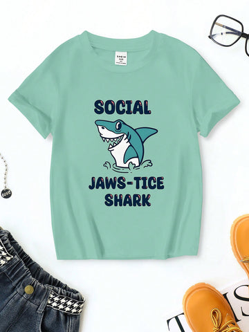 Boys' Shark & Letter Print T-Shirt For Tweens, Summer