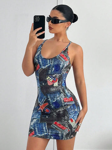 Ladies' Summer Sleeveless Letter Patchwork Printed Casual  Y2K  Graphic Summer  Bodycon Wrap Going Out Mini Dress