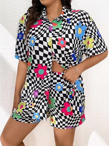 Plus Size Loose Fit Checkerboard & Floral Print Casual Two Piece Set Short Sets Summer