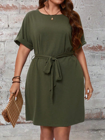 Plus Size Loose Fit Casual Dress In Green Color, Suitable For Summer
