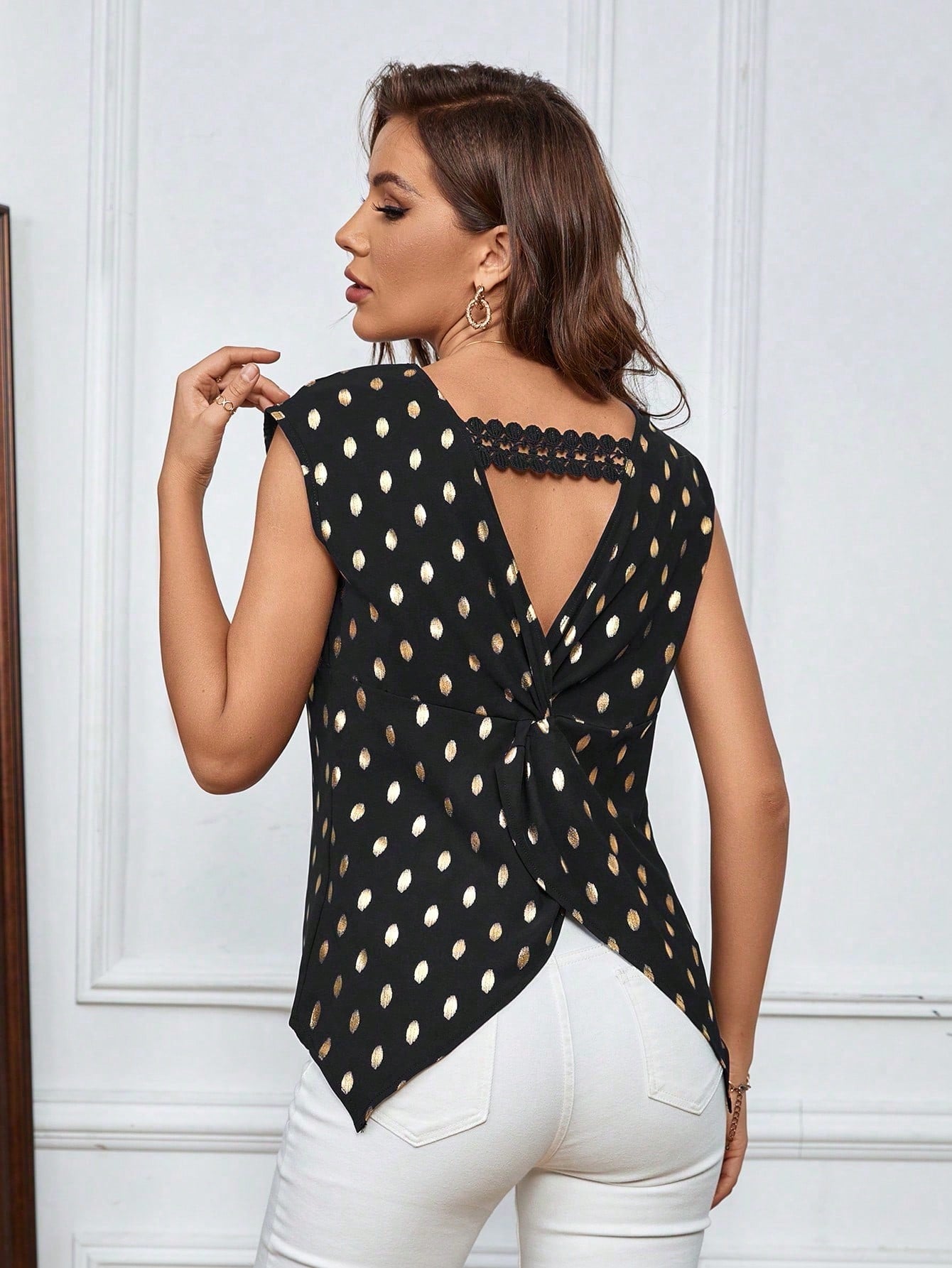 Polka Dot Print Hollow Out Shirt With Twist Detailing On Back, Perfect For Summer