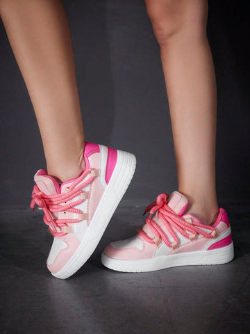 Ladies' Sweet Comfortable Skate Shoes In White And Pink, Thick Braided Shoelaces