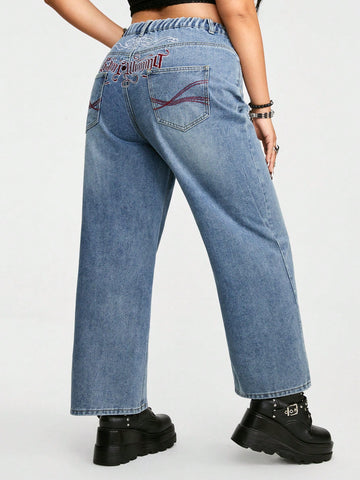 Loose Straight Leg Letter & Flag Embroidery High Waisted Plus Size Jeans