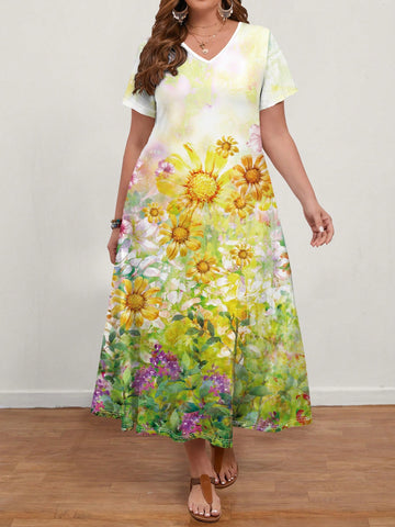Plus Size Women's Vintage Oil Painting Floral Pattern Long Casual Dress For Summer