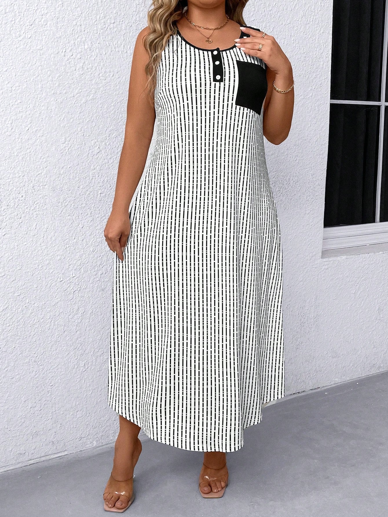 Plus Size Women's Summer Striped Sleeveless Casual Maxi Dress With Half Button Placket