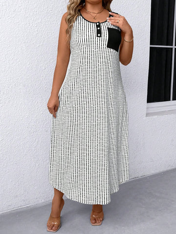 Plus Size Women's Summer Striped Sleeveless Casual Maxi Dress With Half Button Placket