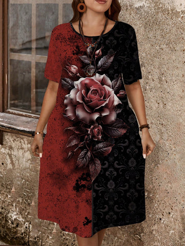 Plus Size Women's Vintage Casual Knee-Length Dress With Rose Flower Print For Summer